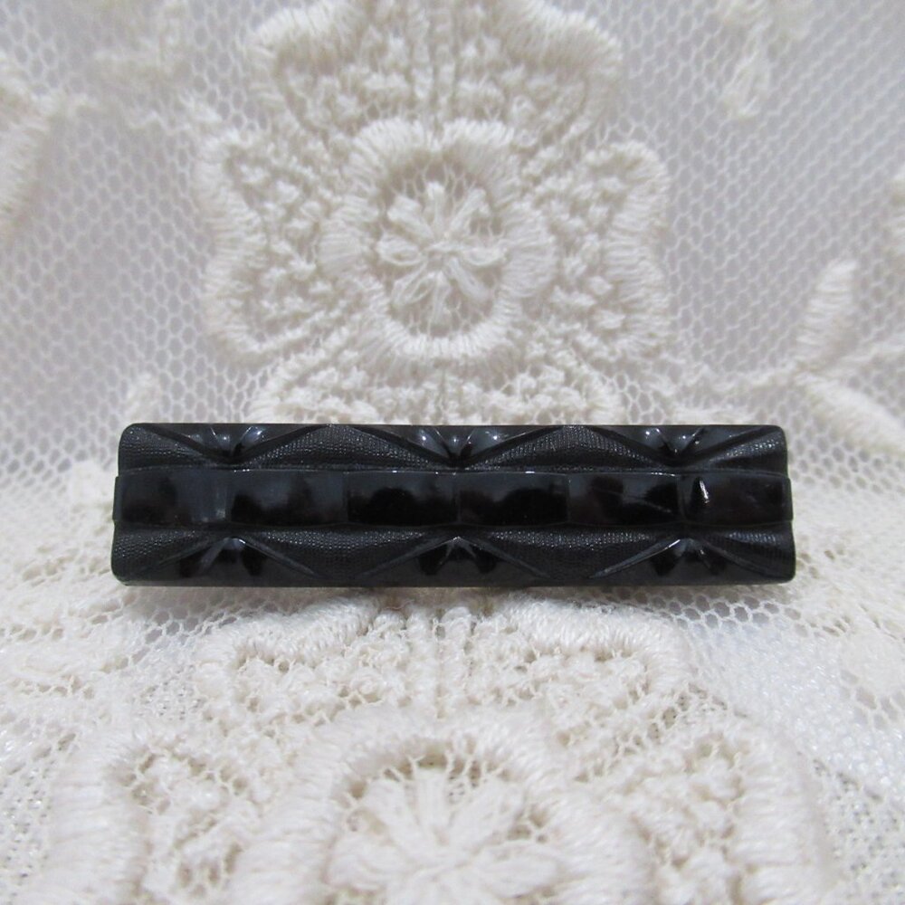 Antique Victorian French Jet Mourning Brooch Black Glass Bar Pin Gothic Memento